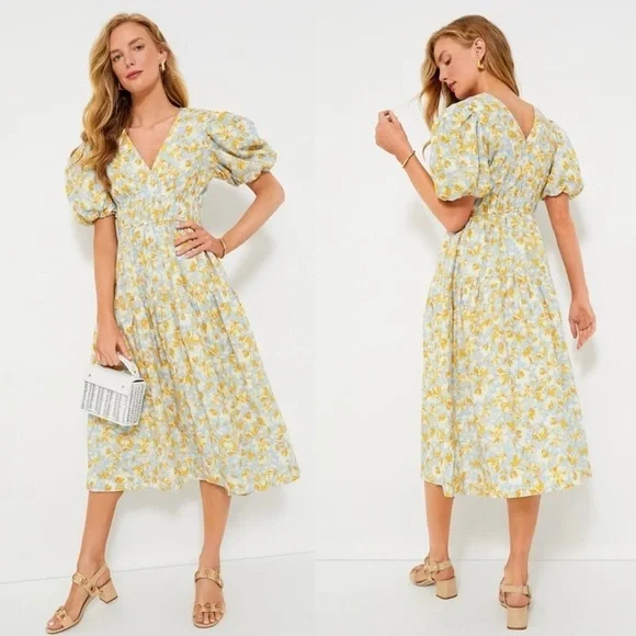NEW Tuckernuck Puff Sleeve Midi Dress Women XXS Blue/Orange Floral HyacinthHouse - Picture 2 of 11